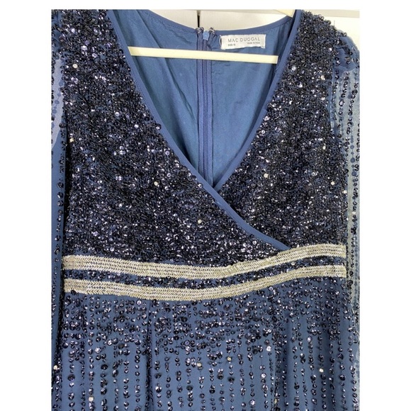 Mac Duggal‎ SEQUINED V NECK BISHOP SLEEVE DRESS, Size 12, Midnight Navy, #93593 - Picture 4 of 4